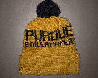 Vintage 1980s Perdue Boilermakers Knit Pom Beanie - Stocking Cap Winter Hat Ski Indiana University