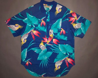 Vintage 1980s Macaw Parrot All Over Print Hawaiian Shirt LARGE - Hawaii Tourist 80s Pullover