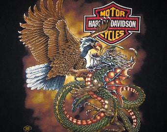 Vintage 1980s Harley Davidson T Shirt LARGE 1988 Holoubek Dragon Villa Park Illinois Chicago