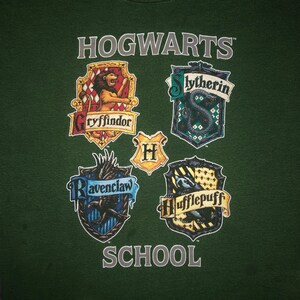 May include: Green t-shirt with the Hogwarts School logo and the four house crests: Gryffindor, Slytherin, Hufflepuff, and Ravenclaw.
