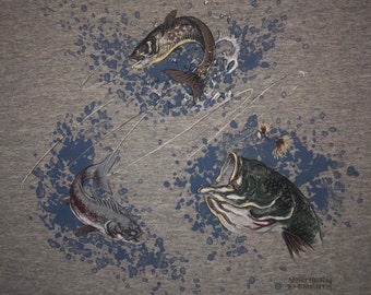 Vintage 90s Northern Elements Art T Shirt LARG- Bass Fishing 1990s Nature Tee