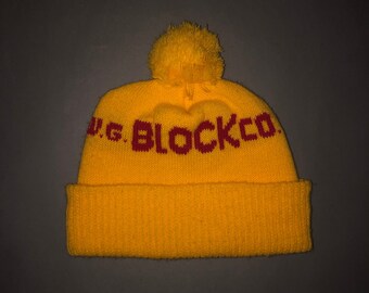 Vintage 1980s W.G. BLOCK Co Knit Pom Beanie - Stocking Cap 80s Masonry Brick Hat Construction
