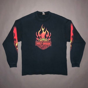 Vintage 90s Harley Davidson Flame Print Long Sleeve T Shirt LARGE - 1990s Motorcycle Black Flames