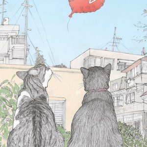 Les chats adorent TLV (Tel Aviv) Carte postale représentant Rafi et Spageti, les célèbres chats israéliens de Ha'aretz Newspaper Comics