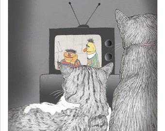 Ernie and Bert cats Print -  featuring Rafi and Spageti, the famous Israeli cats from Ha'aretz Newspaper Comics