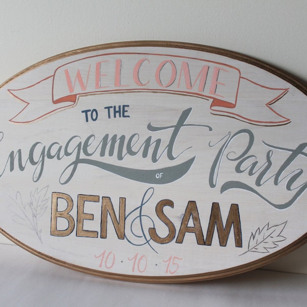 Handgemalte Party Zeichen | Verlobung / Hochzeit / Geburtstag / Duschen | Oval 12 x 20 | Weiß getünchte Holz