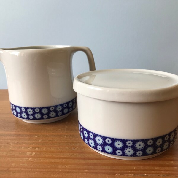 Blue floral creamer and sugar bowl set, SP Coimbra Portugal, Portuguese porcelain