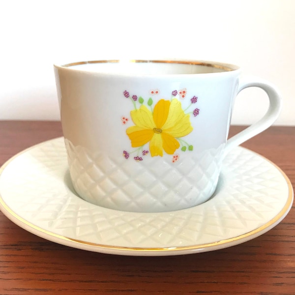 Vintage porcelain teacup with saucer, white cup with yellow flowers, Spal Portugal