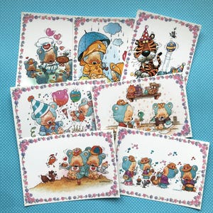 Set di 7 cartoline d'epoca di Giordano, Carine cartoline inutilizzate degli anni ottanta, Dolci orsetti