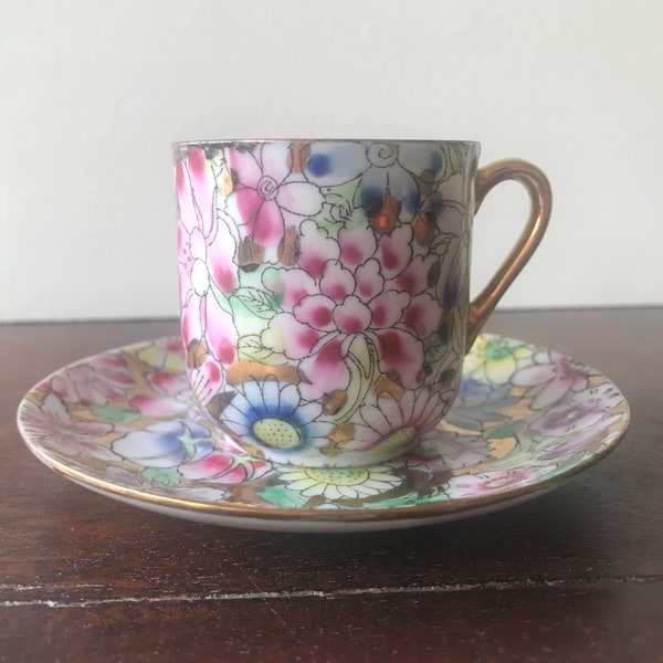 Vintage floral espresso cup with saucer made in Macau, chinese ceramic, Asian Home Decor, Oriental Porcelain, Small coffee cup