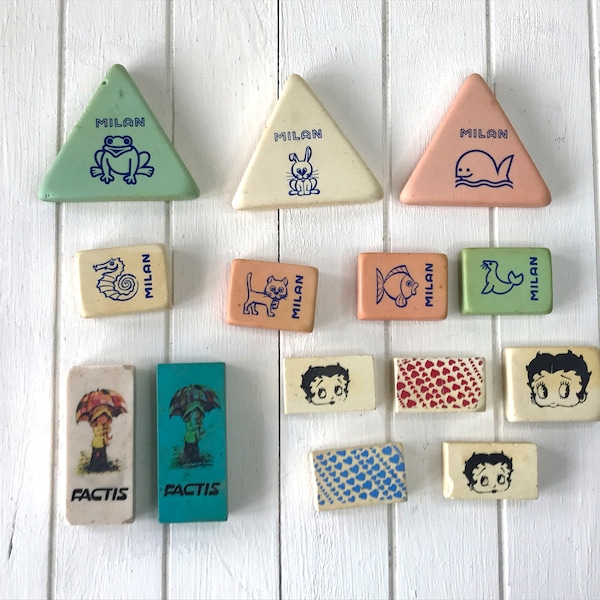 Vintage school erasers, set of 14 old erasers, Milan, Factis, Betty Boop