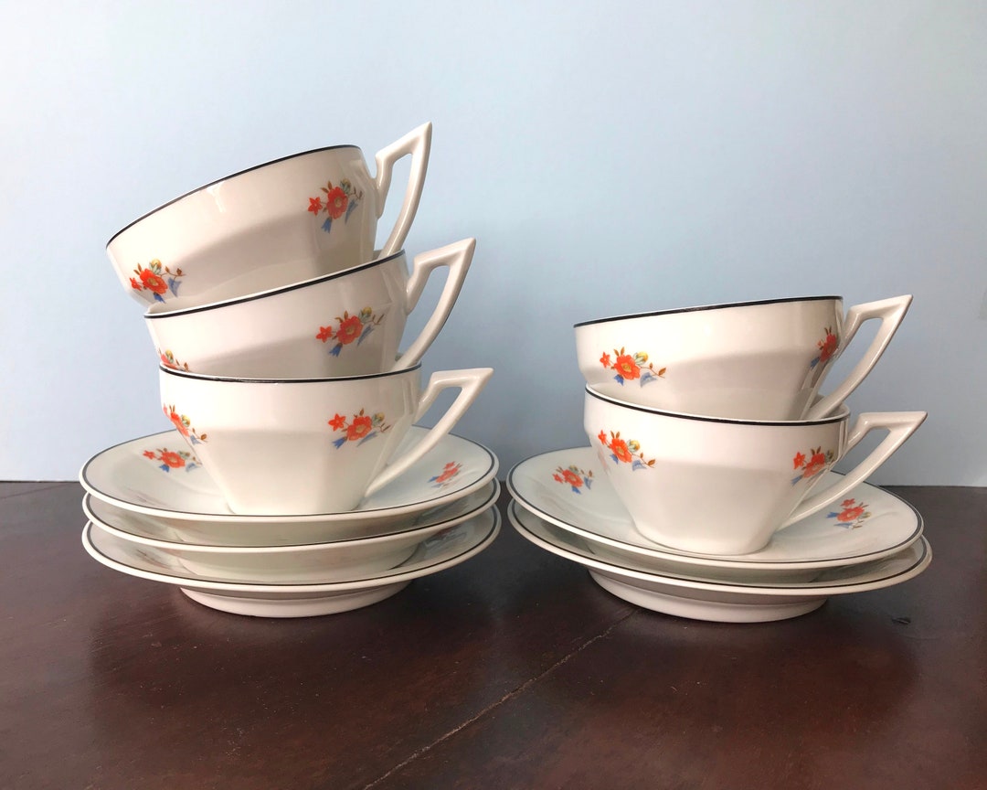Set of 5 Vista Alegre Art Deco Tea Cups With Saucers Vintage Etsy