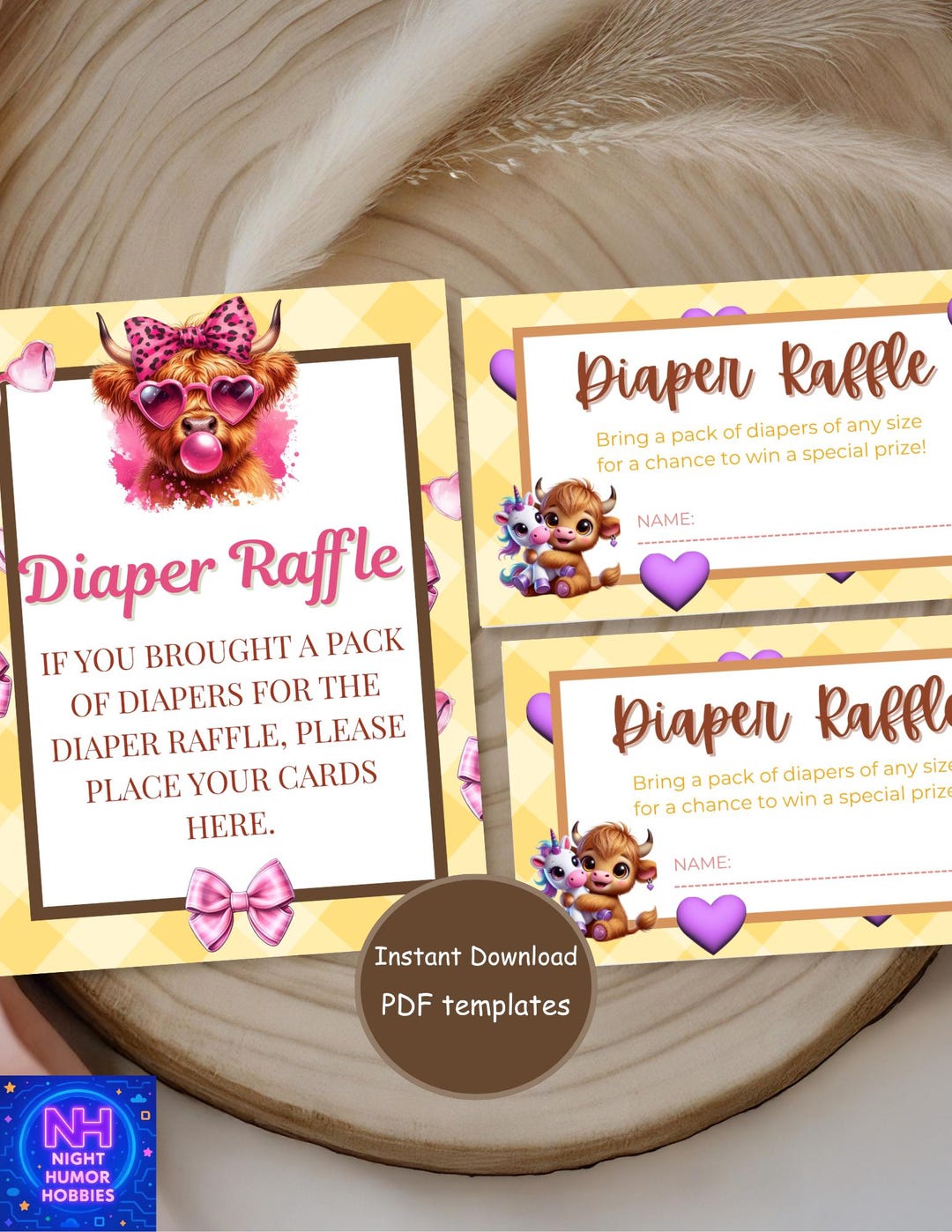Nappy Raffle Highlander Highland Cow Diaper Raffle Template | Boho Cow Print Baby Shower ...