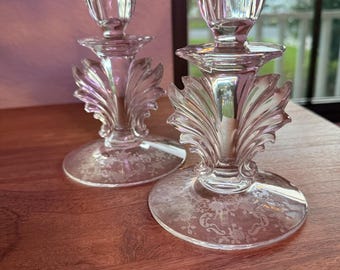 Pair Vintage Fostoria Baroque Candlestick Holders Mid Century