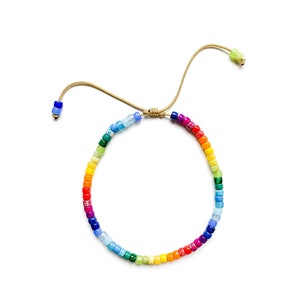 May include: A rainbow colored beaded bracelet with a gold adjustable closure. The bracelet is made of small, square beads in a variety of colors, including red, orange, yellow, green, blue, indigo, and violet.