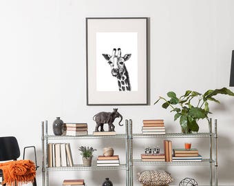 Hand Drawn Giraffe Portrait, Giraffe Digital Download, Giraffe Portrait, Safari Art, Giraffe Print Home Decor, Paper Art Print