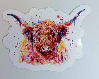 Watercolor Highland Cow Sticker, Cute Farm Animal Decal