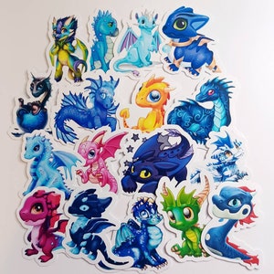 May include: A collection of colorful dragon stickers with various designs and poses. The stickers feature dragons in blue, green, red, purple, and yellow with different wing and tail shapes.