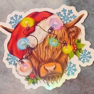 Highland Cow Christmas Sticker: Holographic Holiday Farm Animal
