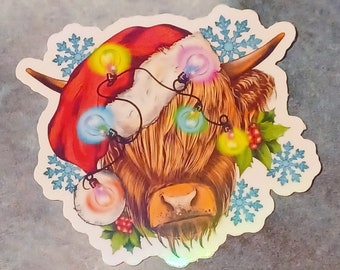 Highland Cow Christmas Sticker: Holographic Holiday Farm Animal