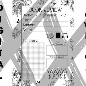 Plantilla de reseña de libro con diseño floral, diario de lectura, diario de lectura bonito, carta, A4, A5, media carta, imprimible, diario digital