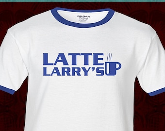 LATTE LARRY'S blue plain logo - T-shirt - adult Premium Ringers Raglans Tank Tops - curb mocha joe's your better beans enthusiasm david