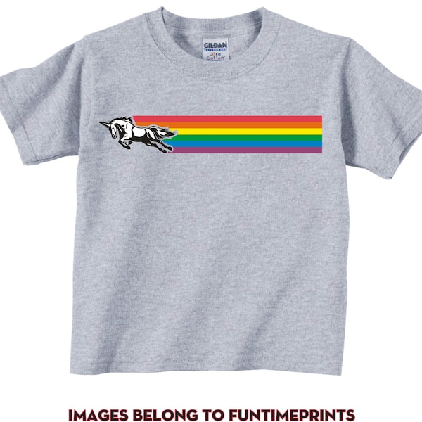 Fast UNICORN RAINBOW STRIPE -fun T-Shirt or Bodysuit - funny clothing for infant toddler youth children - in White Grey Pink or Blue   -0104