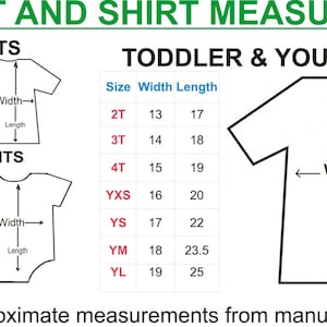 May include: A chart showing infant and toddler shirt and bodysuit size measurements in inches. The chart includes size, width, and length measurements for infant shirts in sizes 6M, 12M, and 18M, infant bodysuits in sizes NB, 6M, 12M, 18M, and 24M, and toddler and youth shirts in sizes 2T, 3T, 4T, YXS, YS, YM, and YL.