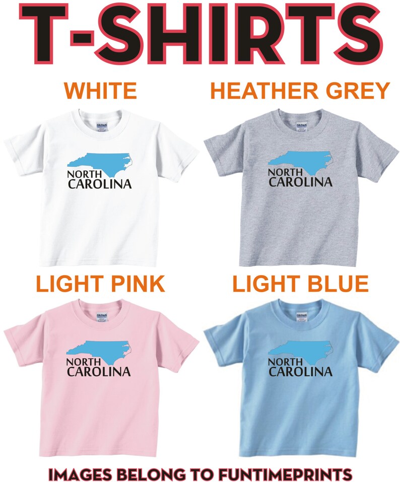 May include: Four t-shirts with the text "NORTH CAROLINA" and an outline of the state of North Carolina in blue. The shirts are white, heather grey, light pink, and light blue.