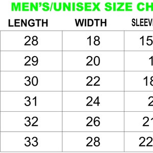 May include: A size chart for men's or unisex clothing, showing sizes S through 3XL with corresponding measurements in inches for length, width, and sleeve length.