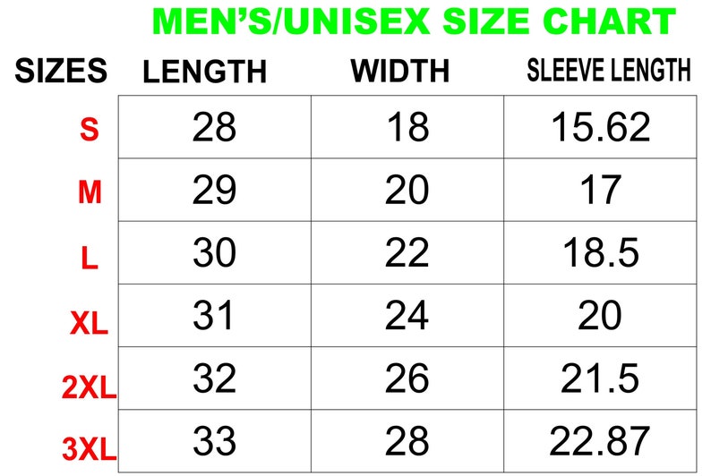 May include: A size chart for men's or unisex clothing, showing sizes S through 3XL with corresponding measurements in inches for length, width, and sleeve length.