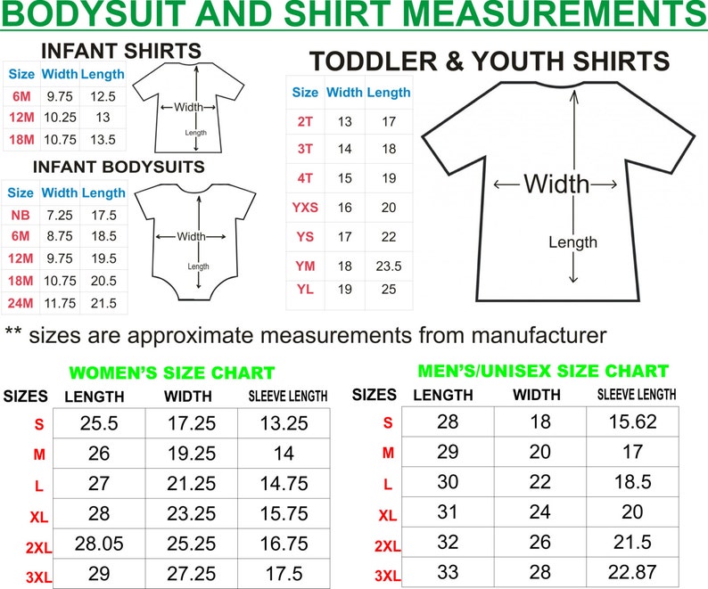 May include: Size chart for infant, toddler, youth, women's and men's/unisex shirts and bodysuits. The chart shows sizes, length, width, and sleeve length in inches.
