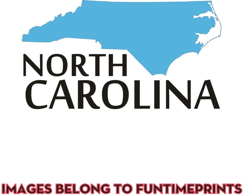 May include: A blue outline of the state of North Carolina with the text "NORTH CAROLINA" in black below the outline.