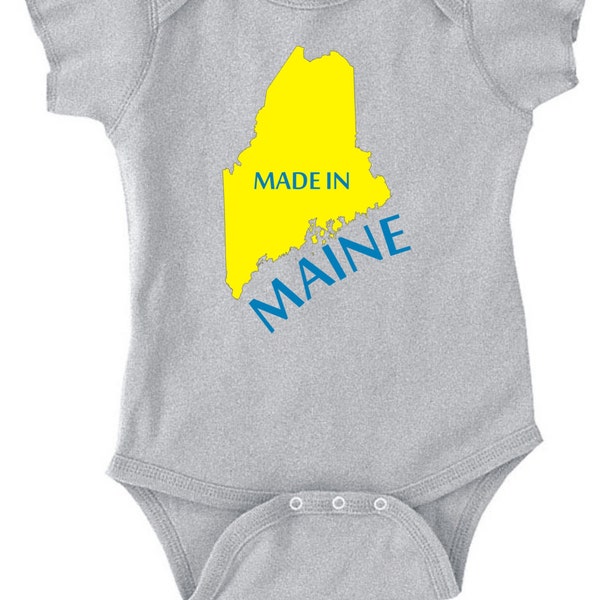 MADE IN MAINE -fun state map T-Shirt or Bodysuit -funny university clothing infant toddler youth children -in White Grey Pink or Blue -142
