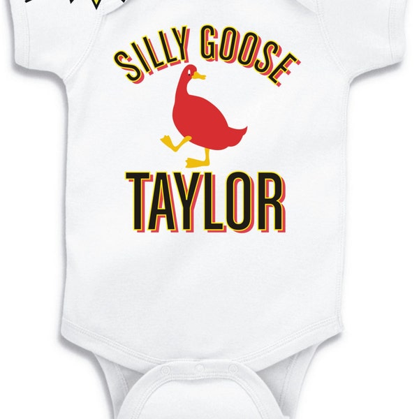 SILLY GOOSE with CUSTOM Name - fun T-Shirt or Bodysuit - funny clothing for infant toddler youth children - in White Grey Pink or Blue -0069