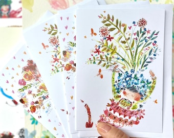 Whimsical, hand-illustrated floral and cake greeting cards. Pack of four, printed on recycled paper.