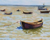 Oil painting.Seascape. Fishing boats. Sea of Azov.