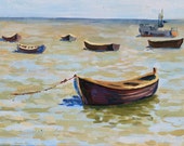 Öl-Malerei. Seelandschaft. Fischerboote. Asowsches Meer.