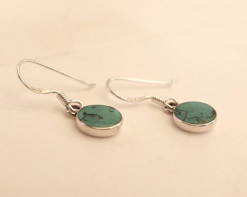 Free Shipping Sterling Silver Round 8mm Dangle Earrings set with Reconstructed Turquoise Gemstone Classic Dainty Design