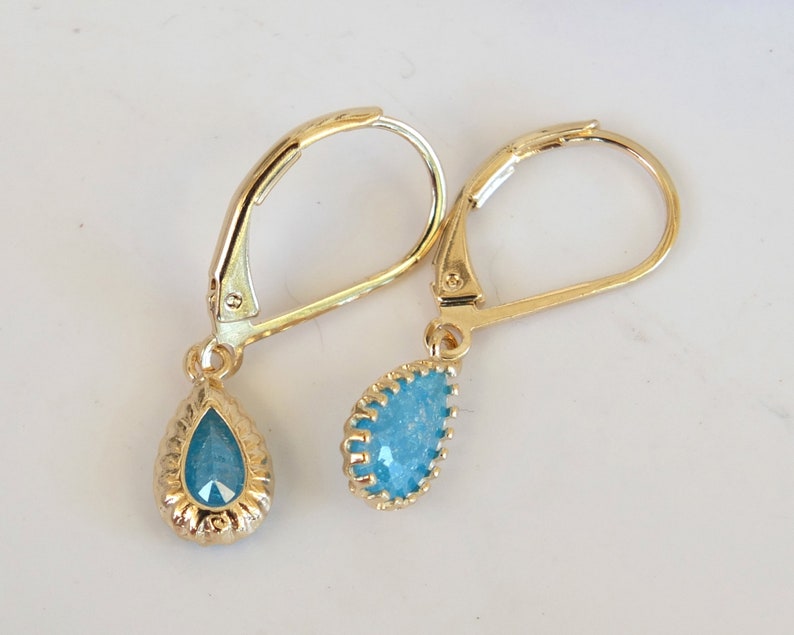 Classic Elegant Design Free Shipping Gold Plated Iced Blue CZ Tear Drop Dangle Hook Earrings