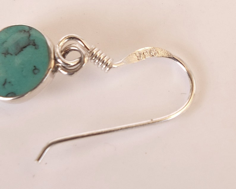 Free Shipping Sterling Silver Round 8mm Dangle Earrings set with Reconstructed Turquoise Gemstone Classic Dainty Design