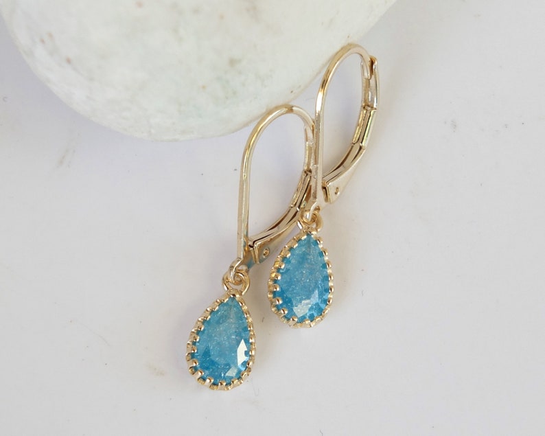 Classic Elegant Design Free Shipping Gold Plated Iced Blue CZ Tear Drop Dangle Hook Earrings