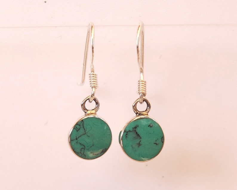 Free Shipping Sterling Silver Round 8mm Dangle Earrings set with Reconstructed Turquoise Gemstone Classic Dainty Design