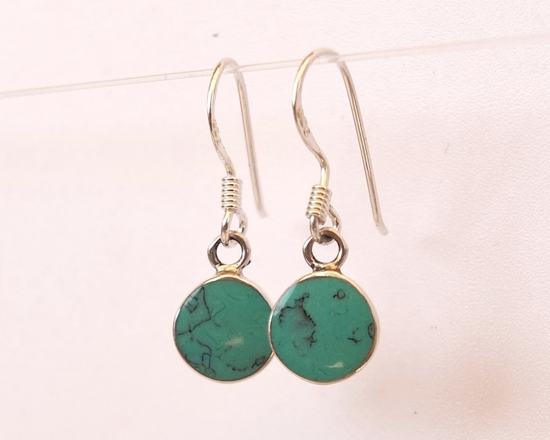 Free Shipping Sterling Silver Round 8mm Dangle Earrings set with Reconstructed Turquoise Gemstone Classic Dainty Design