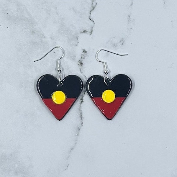 Aboriginal flag heart inspired polymer clay dangle earrings