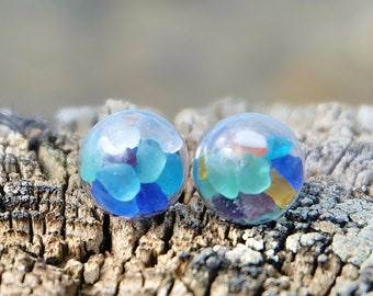 Tiny Sea Glass Orb Earrings, Beach Inspired Jewelry, Seashell Sand Filled Studs