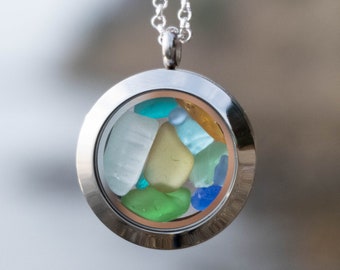 Genuine Sea Glass Locket Necklace  for women Seaglass Jewelry gift for her Beach Ocean Inspired Jewelry Mom Birthday gift Gold necklace