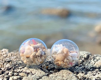 Seashell Sand Glass Orb Stud Earrings, Beach Coastal Jewelry