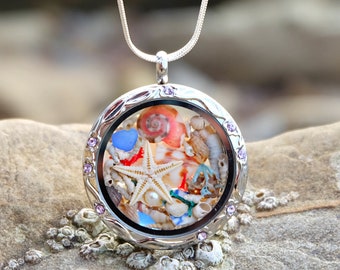 Seashell Locket Necklace, Beach Terrarium Jewelry, Mermaid Treasure, Seaglass, Ocean Gift