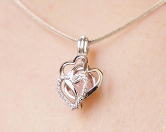 Sterling Silver Heart Locket Necklace, Customizable Crystal Bead Pendant, Rose Quartz Option